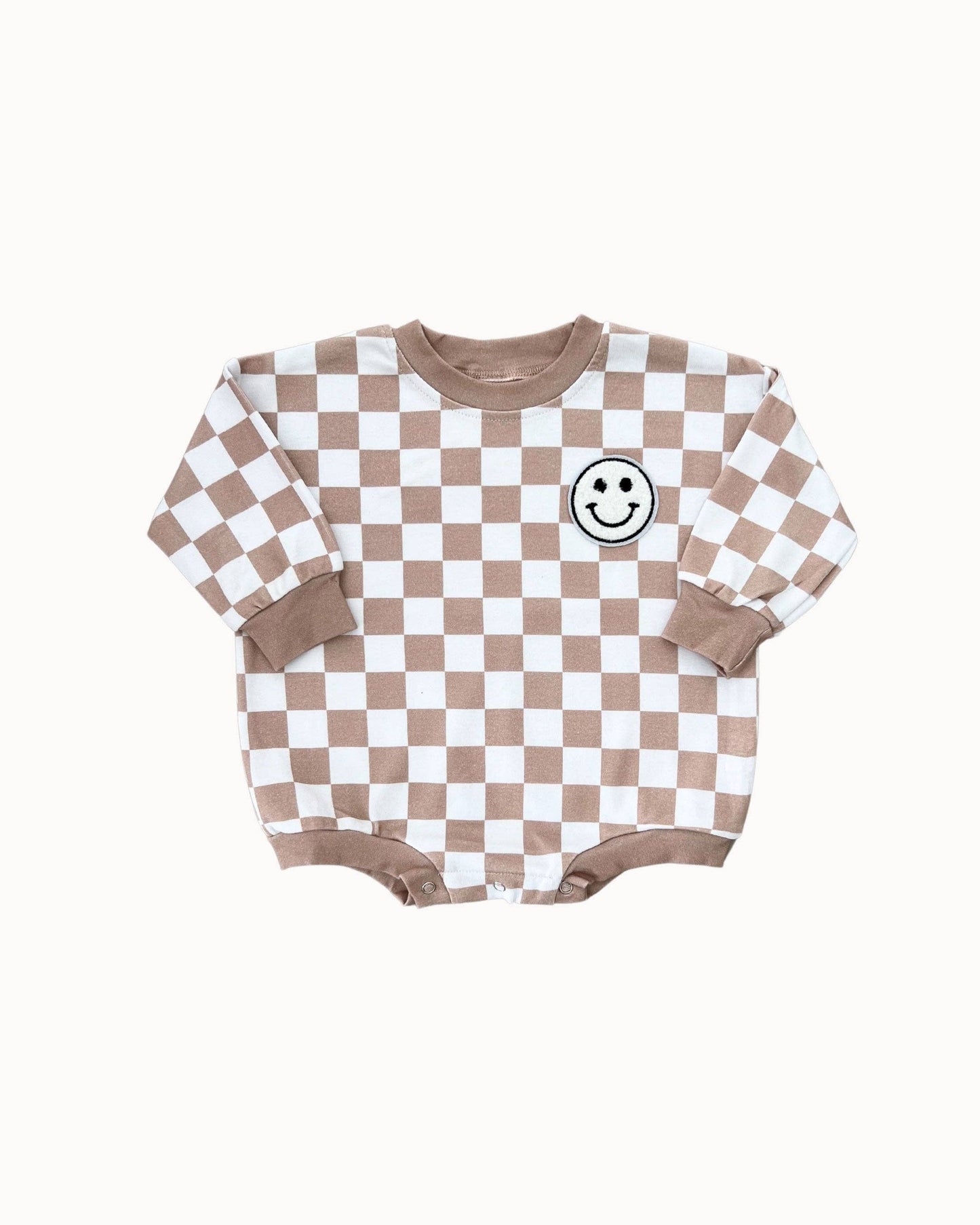Bubble Romper | Checkered Smiley Latte: 12-18M