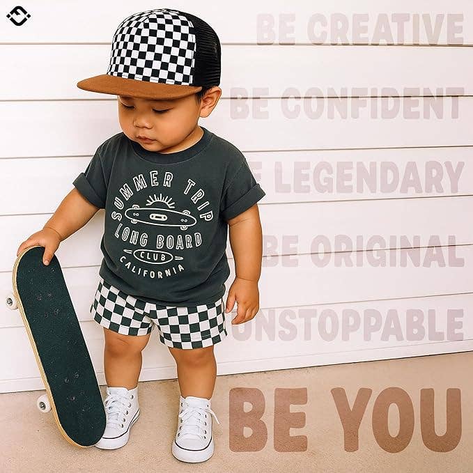 Flat Brim Trucker Hat - Checker/Faux Leather Brim: Infant (0-12 Months)