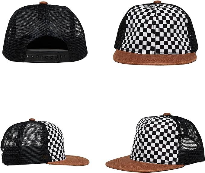 Flat Brim Trucker Hat - Checker/Faux Leather Brim: Infant (0-12 Months)