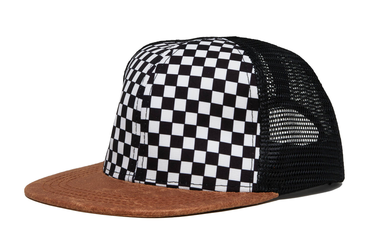 Flat Brim Trucker Hat - Checker/Faux Leather Brim: Infant (0-12 Months)