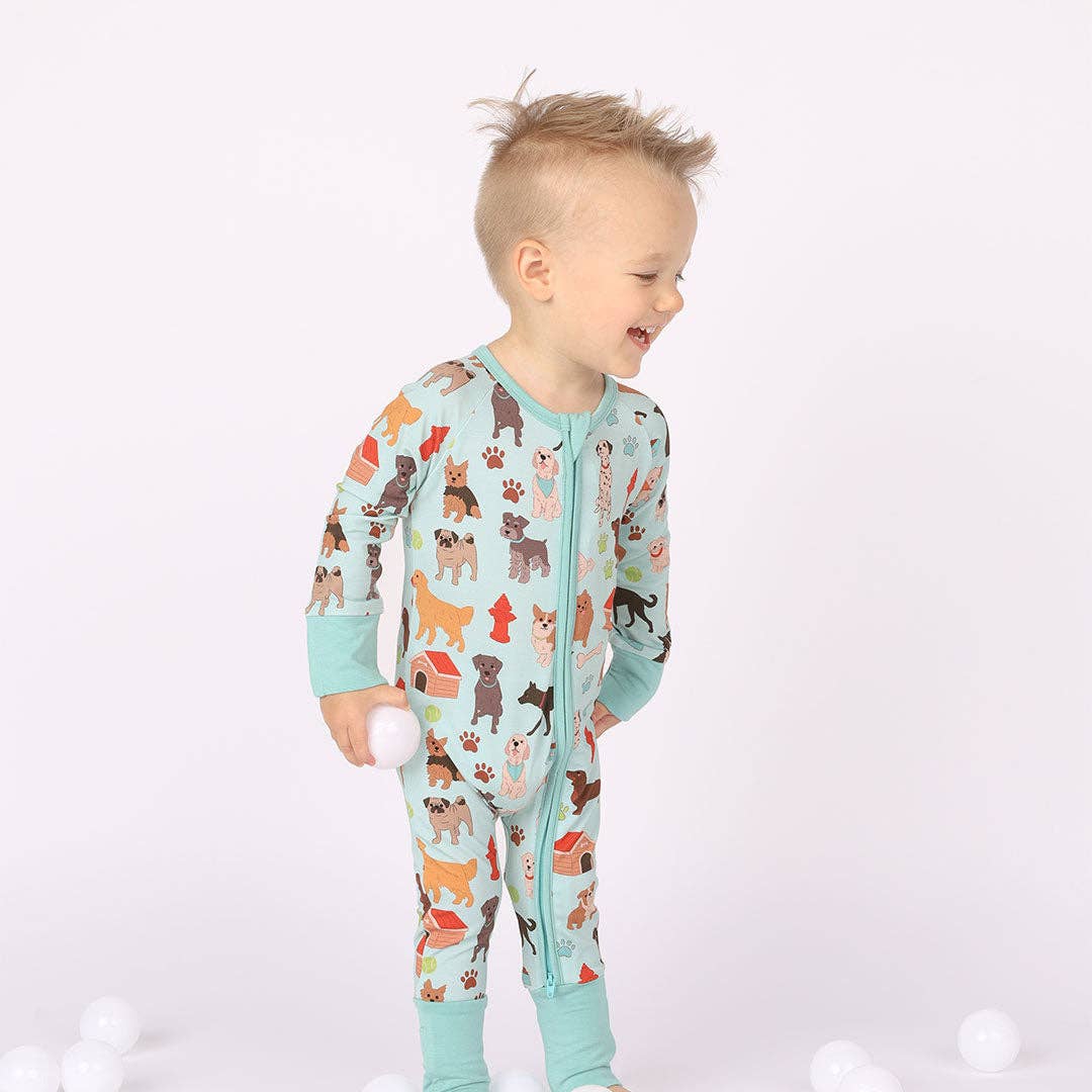 Dogs Bark Pets Bamboo Baby Pajamas Convertible Footie: Blue/Multi / 12-18M