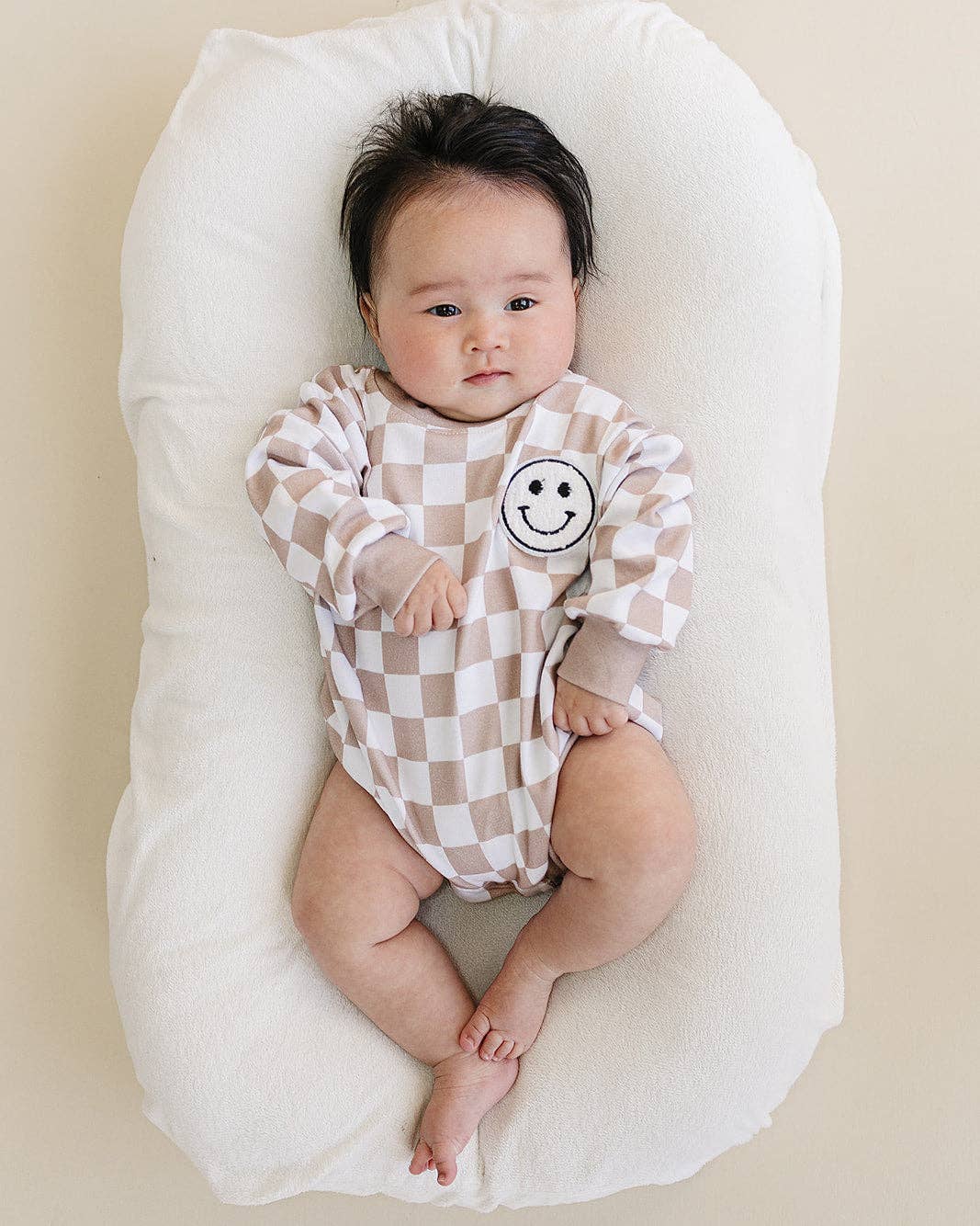 Bubble Romper | Checkered Smiley Latte: 12-18M