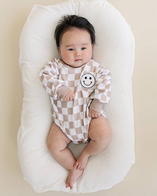 Bubble Romper | Checkered Smiley Latte: 18-24M