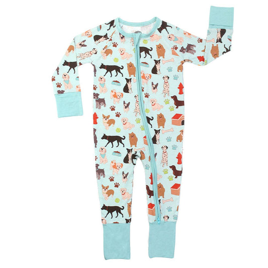 Dogs Bark Pets Bamboo Baby Pajamas Convertible Footie: Blue/Multi / 12-18M
