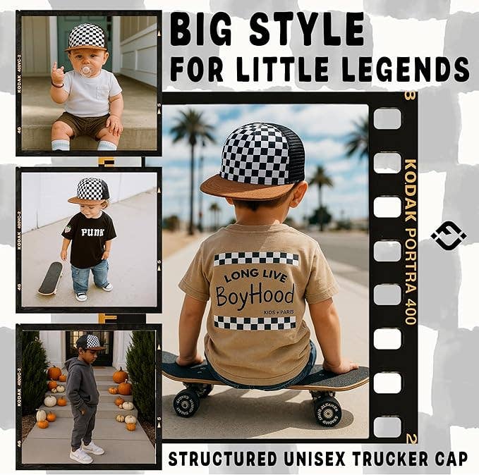Flat Brim Trucker Hat - Checker/Faux Leather Brim: Infant (0-12 Months)