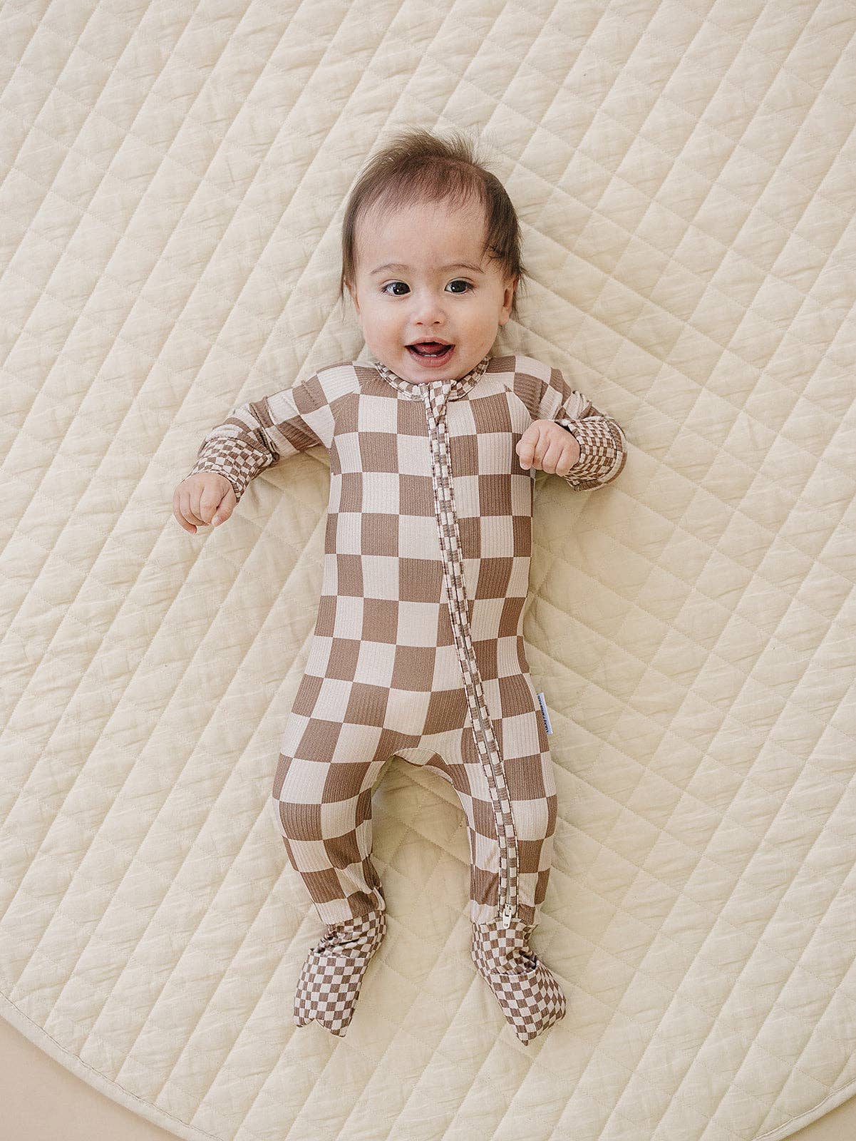 Ribbed Bamboo Zip Romper | Latte Checkered: 3-6M