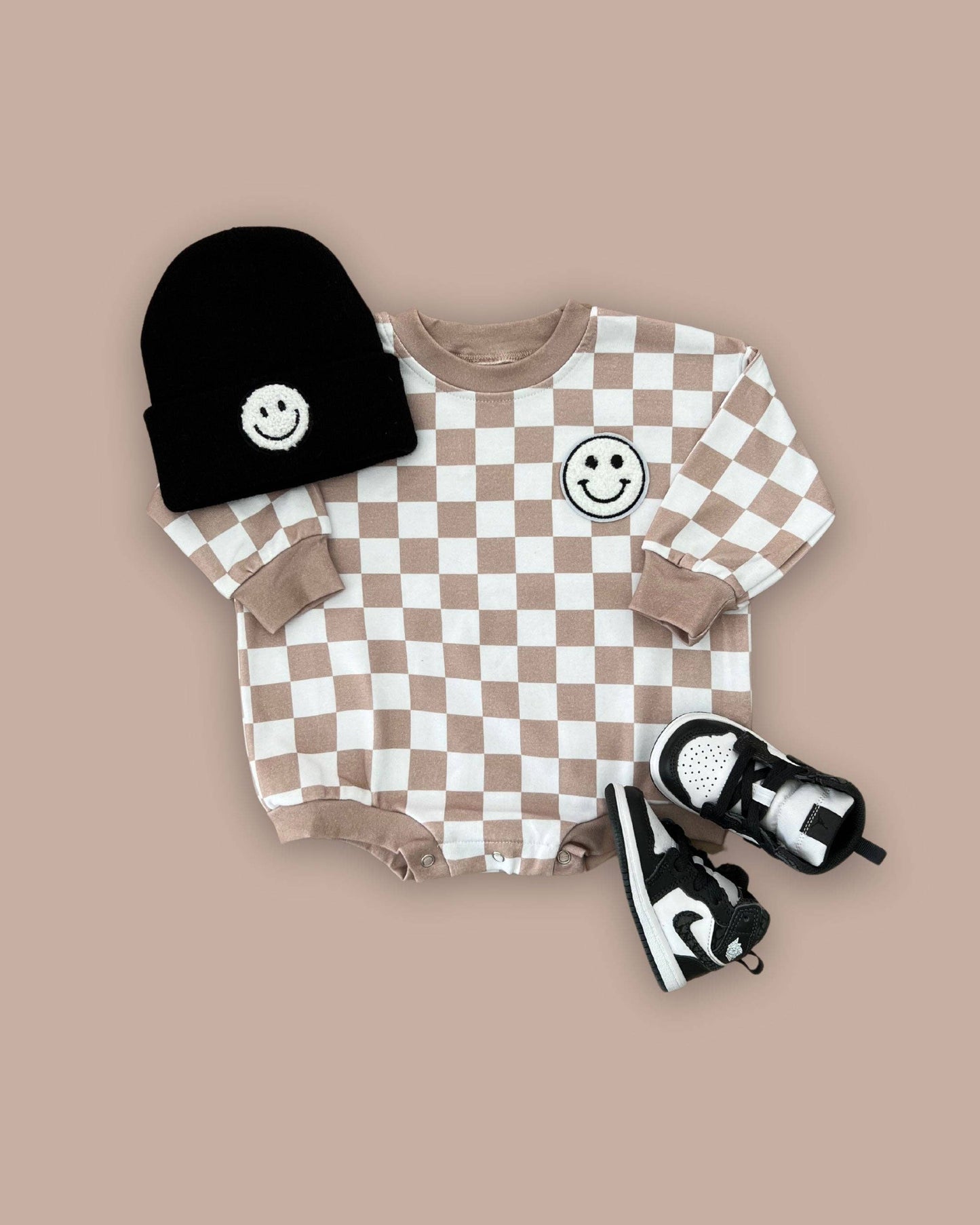 Bubble Romper | Checkered Smiley Latte: 2T