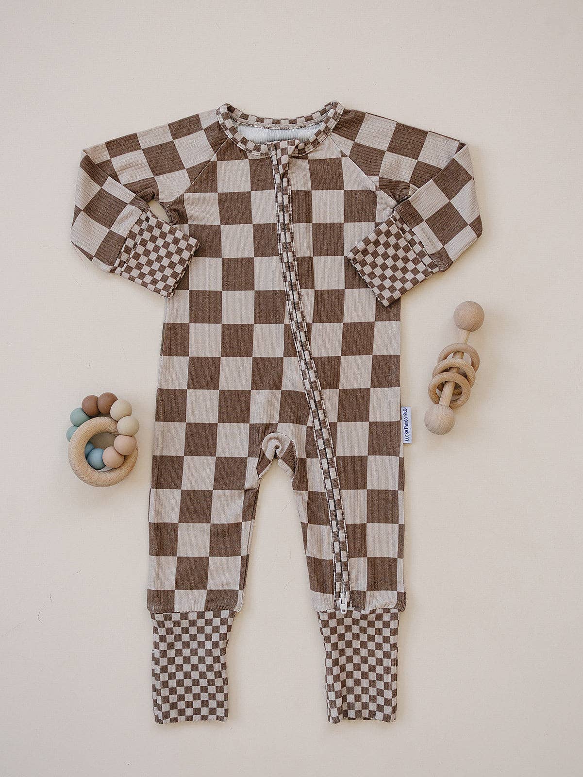 Ribbed Bamboo Zip Romper | Latte Checkered: 12-18M