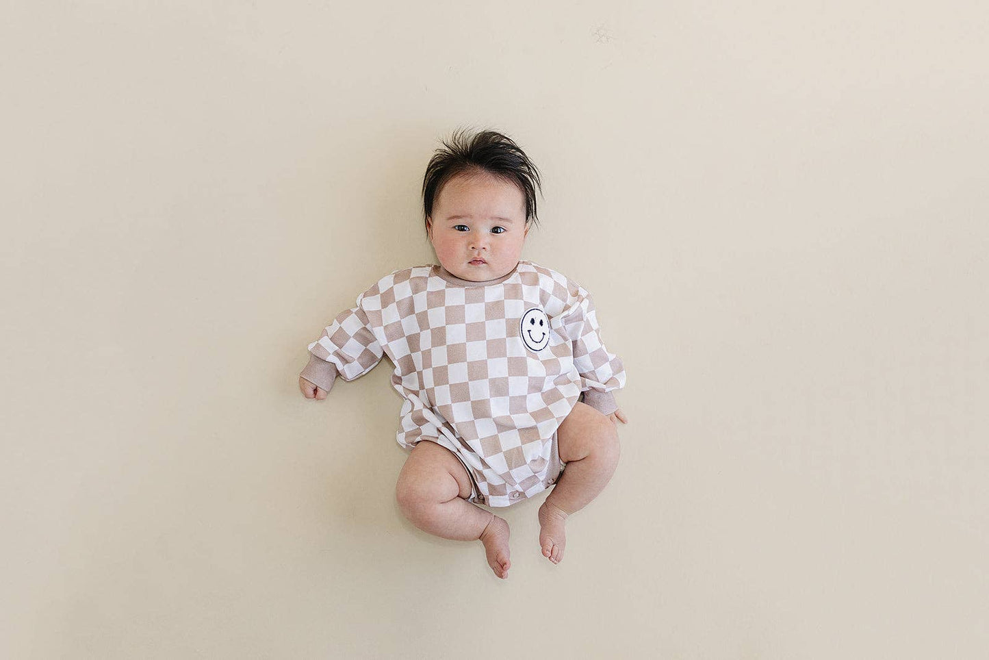 Bubble Romper | Checkered Smiley Latte: 18-24M