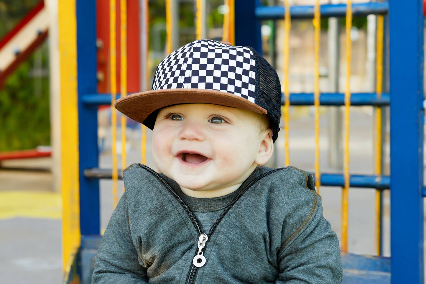 Flat Brim Trucker Hat - Checker/Faux Leather Brim: Infant (0-12 Months)