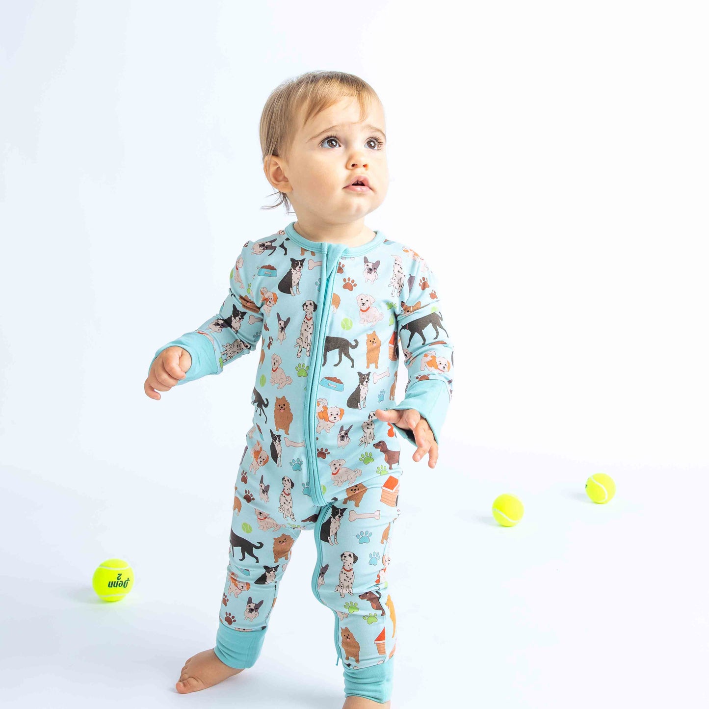 Dogs Bark Pets Bamboo Baby Pajamas Convertible Footie: Blue/Multi / 12-18M