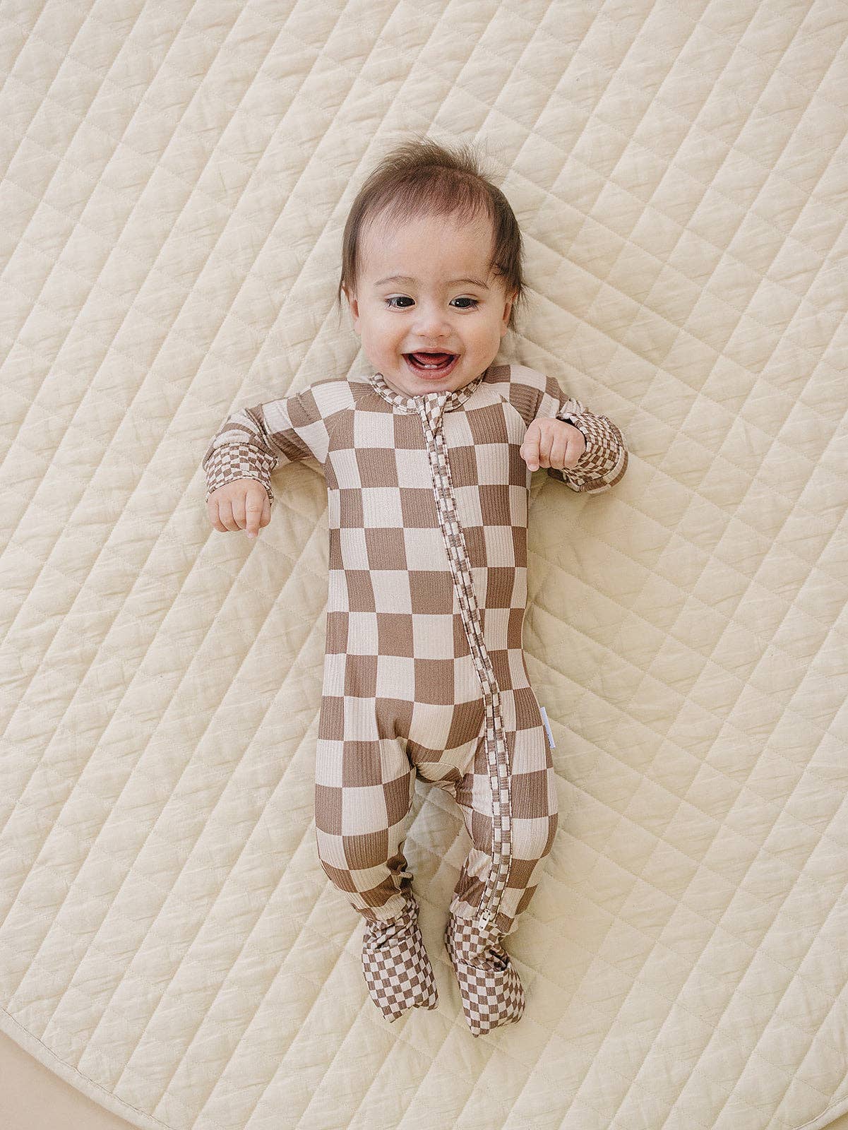 Ribbed Bamboo Zip Romper | Latte Checkered: 18-24M
