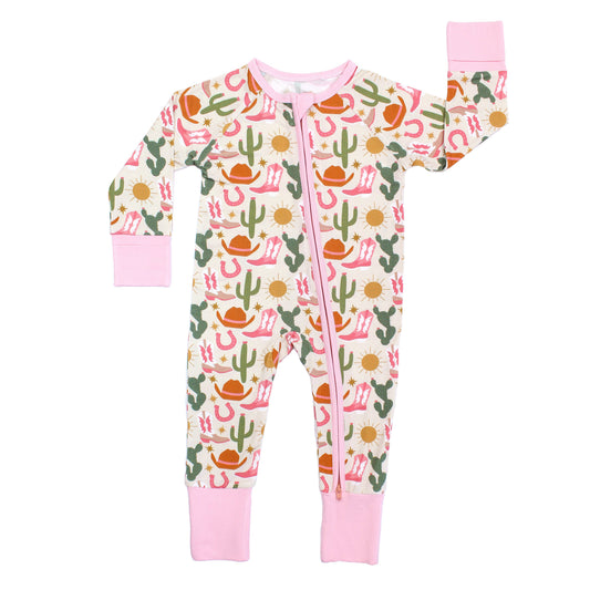 Hey Y'all Western Bamboo Convertible Baby Pajamas: Pink/Multi / 6-12M