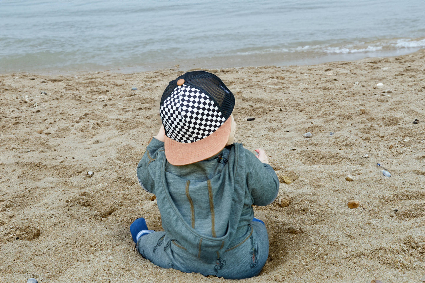 Flat Brim Trucker Hat - Checker/Faux Leather Brim: Infant (0-12 Months)