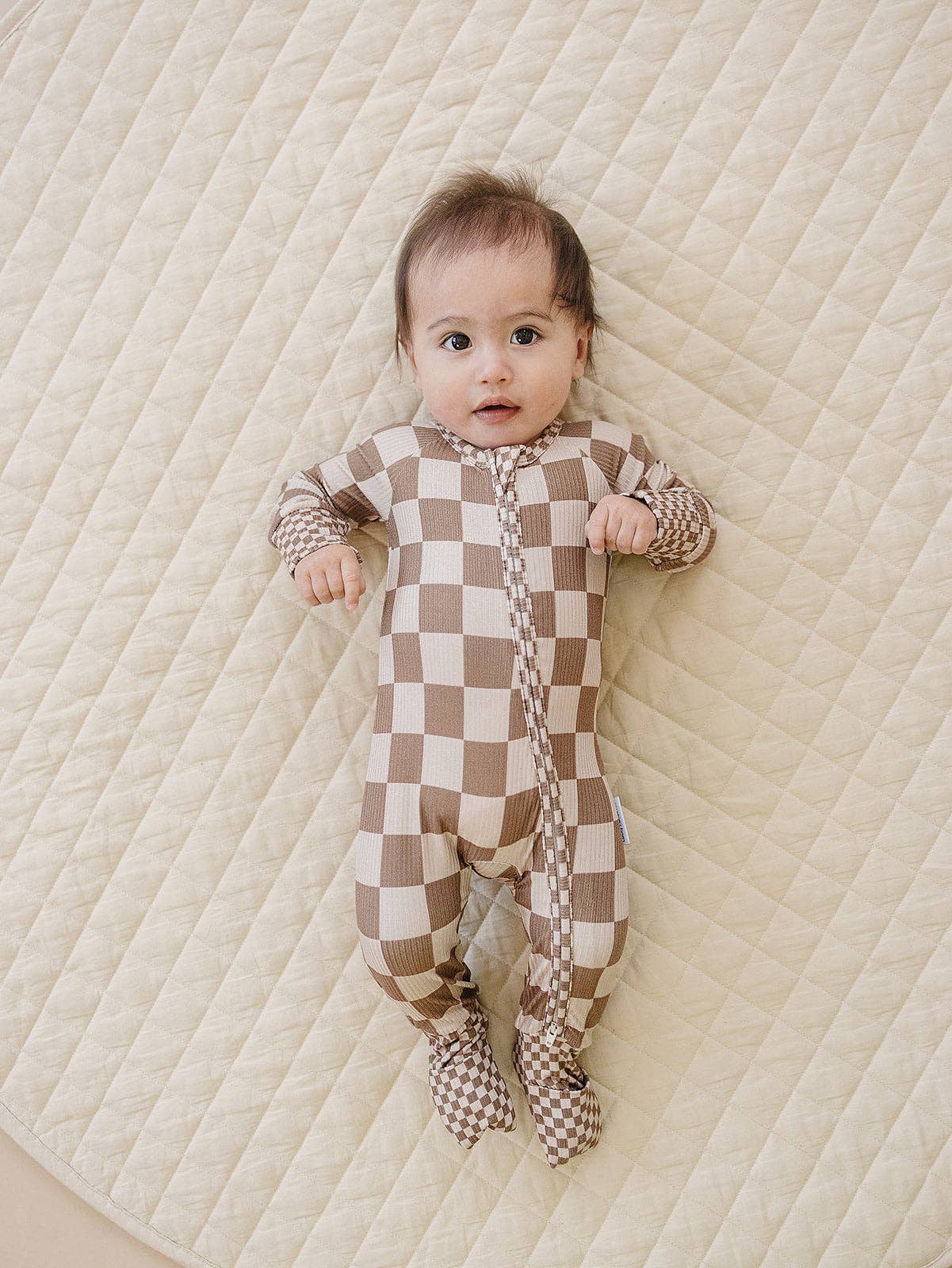 Ribbed Bamboo Zip Romper | Latte Checkered: 6-12M